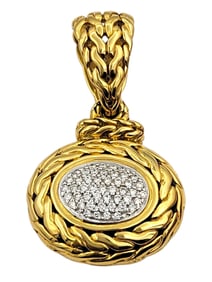 John Hardy Oval Shaped Pave Diamond Pendant / Enhancer 18 Karat Yellow Gold