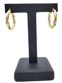 Hoop Earring Two Tone Twisted Ridge Design 14 Karat Yellow & White Gold