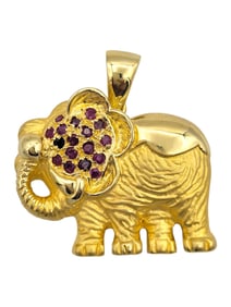Large Elephant Pendant with Sapphire & Ruby in 14 Karat Yelllow Gold