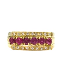 Ruby & Diamond Three Row Band Ring in 18 Karat Yellow Gold