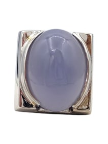 Half Bezel Set Cabochon Blue Chalcedony Ring in 14 Karat White Gold