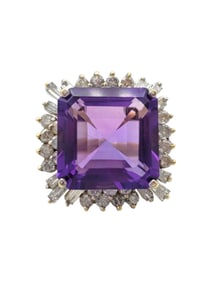 Square Step Cut Lab Grown Amethyst with Diamond Cocktail Ring in 14 Karat Yellow Gold