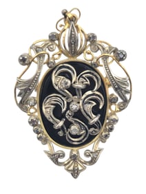 Vintage Black Onyx Slab with Diamond Brooch or Pendant in 14 Karat Yellow Gold & Sterling Silver