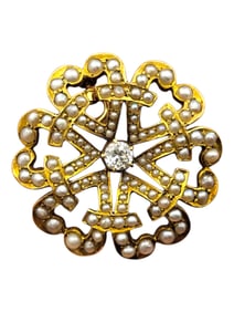 Vintage Diamond and Seed Pearl Brooch Pendant in 14 Karat Yellow Gold