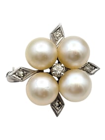 Vintage Diamond and Pearl Brooch in 14 Karat White Gold