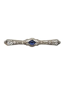 Antique Natural Diamond and Synthetic Sapphire Straight Bar Style Brooch in 14 Karat White Gold