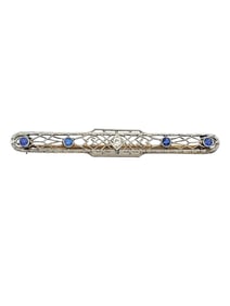 Vintage Diamond & Sapphire Straight Bar Ornate Brooch in Platinum & 14 Karat Yellow Gold