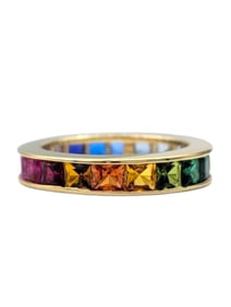 Rainbow Multi Color Lab Grown Sapphire Eternity Band in 14 Karat Yellow Gold