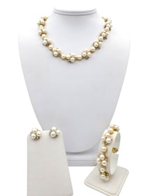Hong Kong Cluster Pearl and Diamond Leaf Design Statement Necklace, Bracelet & Earrings in 14 Karat