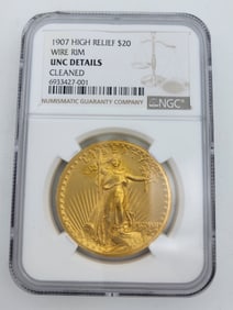 1907 High Relief $20 St Gaudens Gold Coin Wire Rim UNC Details NGC