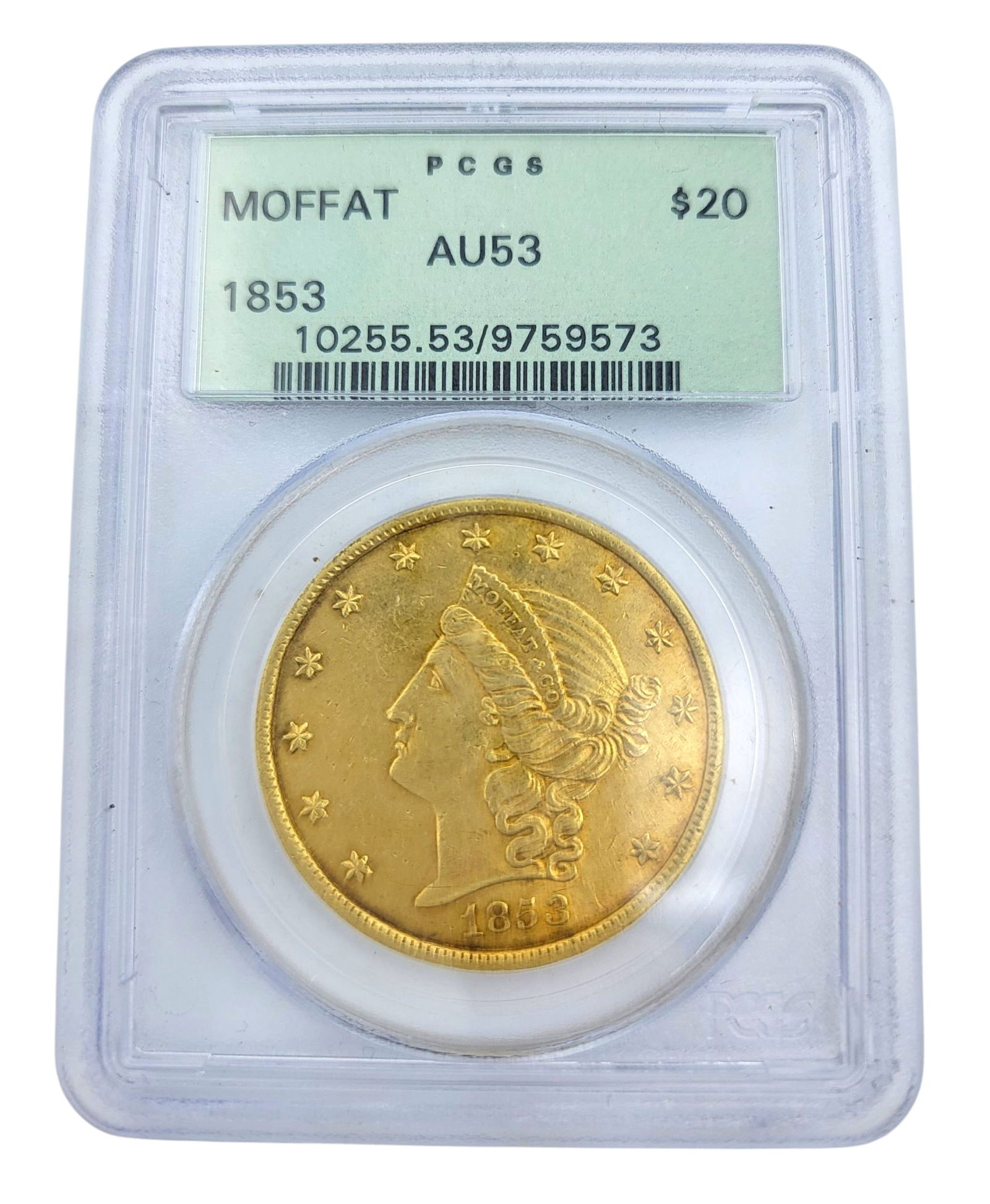 1853 Moffat AU 53 PCGS $20 Gold Coin RARE Twenty Dollar Territorial (1 of 4)