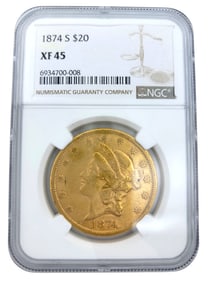 1874 S $20 Gold Coin NGC XF 45 Liberty Head