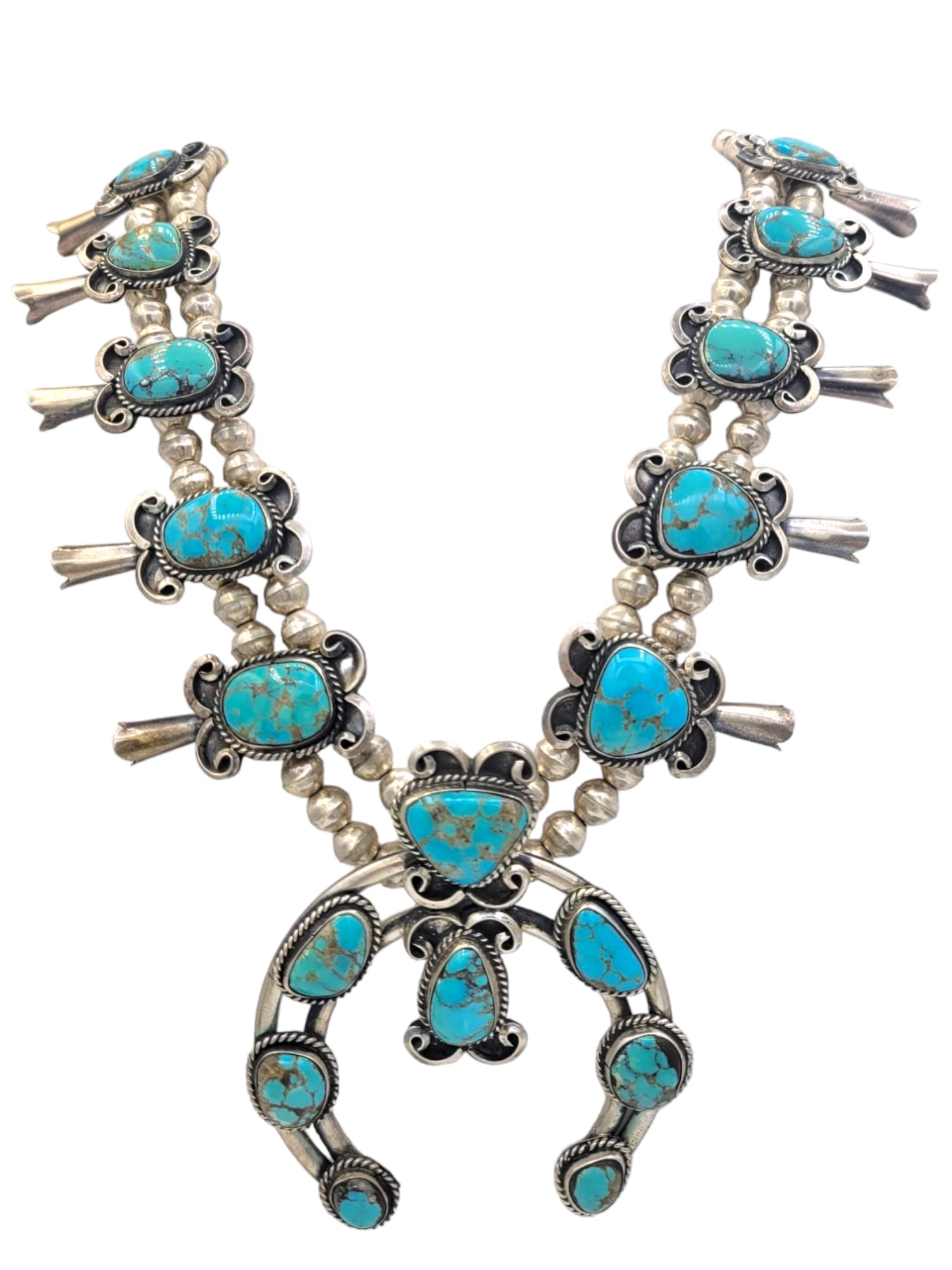 Necklace Large Sterling Silver Native American Squash Blossom with Turquoise (1 of 5)