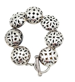 Bracelet Sterling Silver Chunky 3D Disc Link w/ Cutout Detail & Toggle Closure