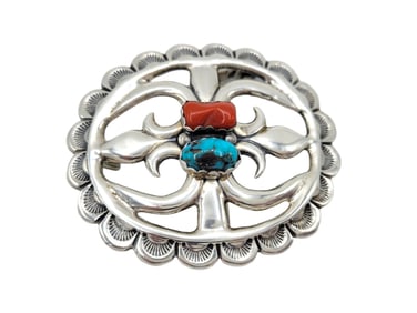 Arthur J. Williams Belt Buckle Sterling Silver Native American Coral & Turquoise