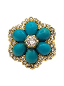 Turquoise and Diamond Flower Cocktail Ring in 14 Karat Yellow Gold
