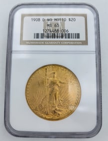 1908 D No Motto $20 Gold Coin MS 63 NGC St Gaudens