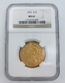 1893 $10 Gold Coin NGC MS 61 Liberty Head