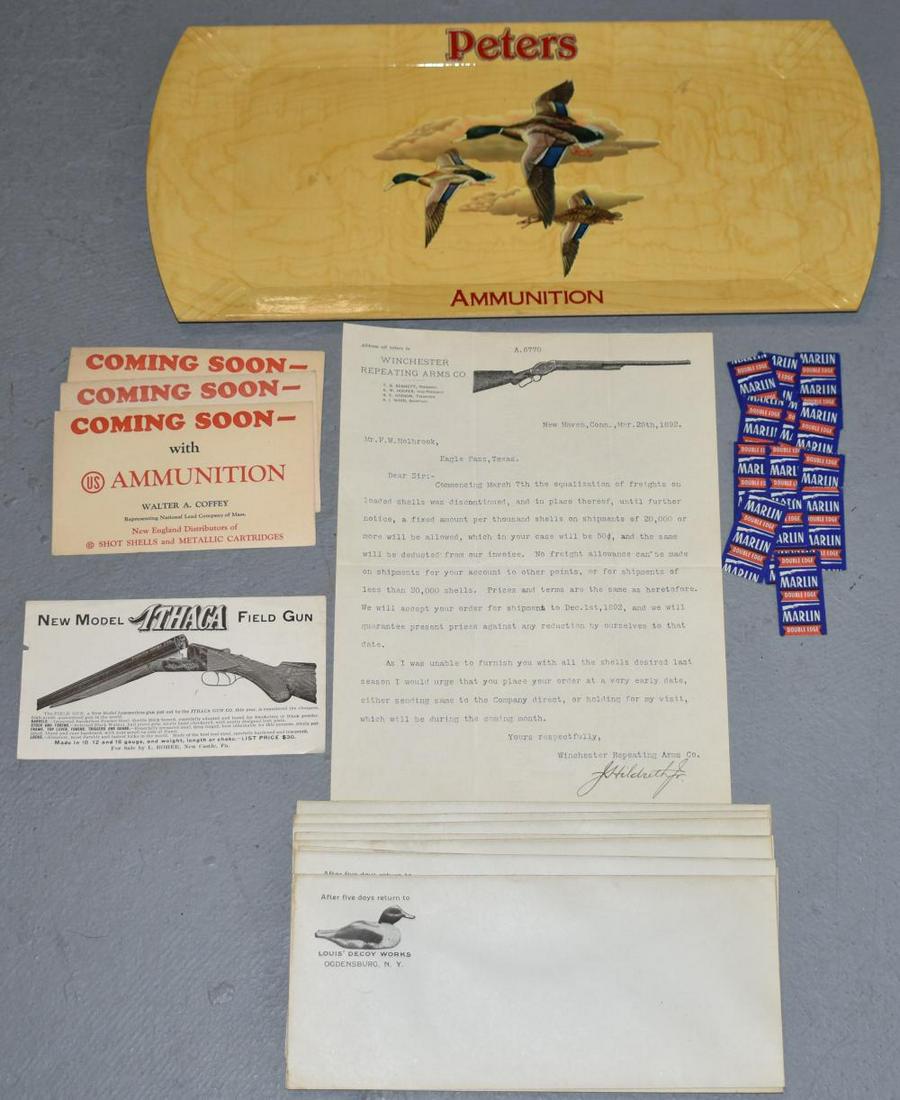 Lot of Gun and Sporting Related Ephemera: Lot of Gun and Sporting Related Ephemera ENVELOPES WITH LOUIS DECOY WORKS RETURN STAMP, U.S AMMUNITION CARDS, MARLIN DBL EDGE RAZORS, LETTER FROM WINC. ARMS, PETERS AMMUNITON TRAY, ETC.- IMPERFECTION