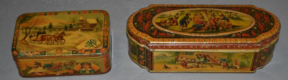 (2) Product Advertising Tins: (2) Product Advertising Tins MERRY XMAS TINS AND RIP ON THE MOUNTAIN TOP- WEAR AND IMPERFECTION