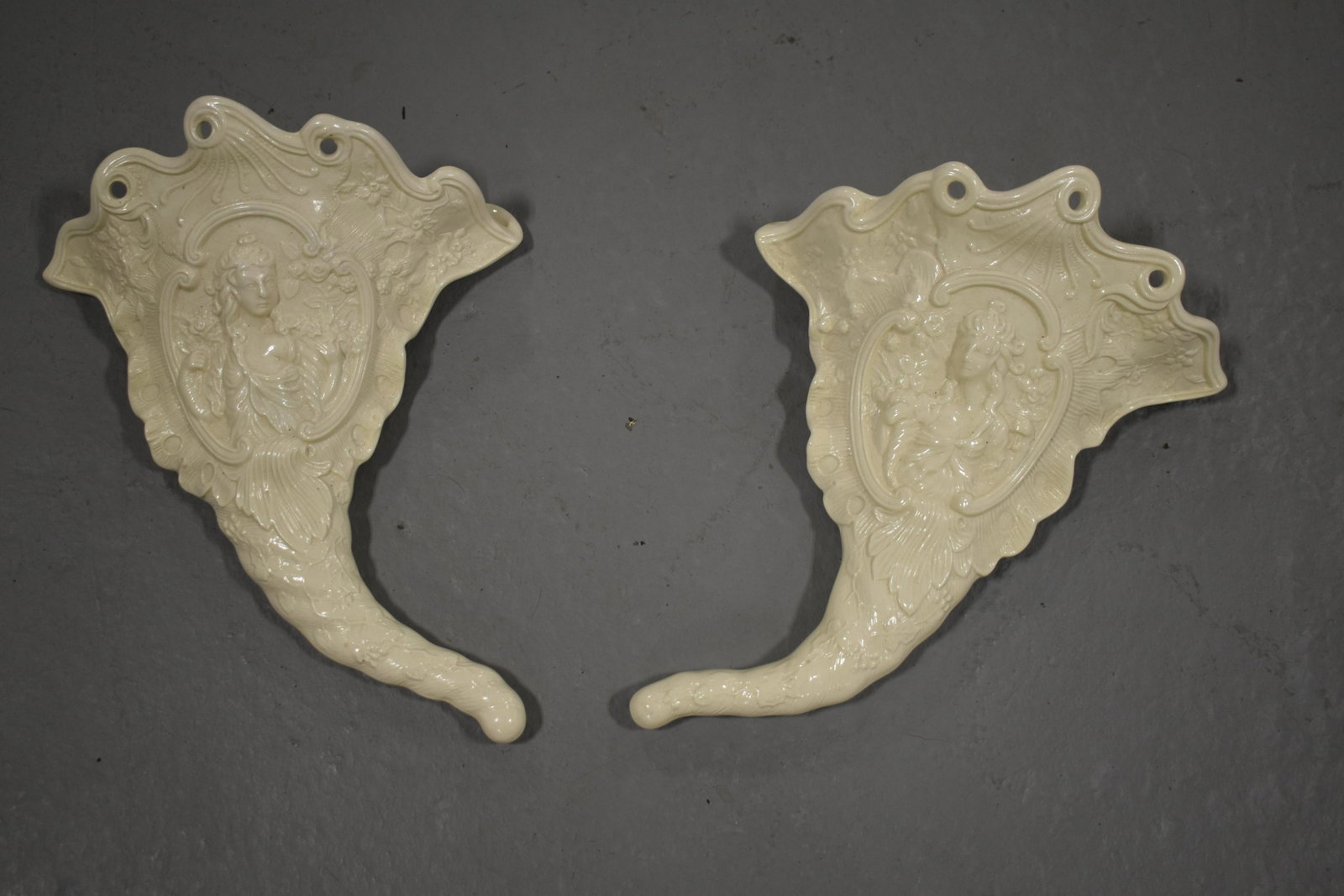 Pair Wedgewood Salt Glazed Wall Pockets WEDGEWOOD: Pair Wedgewood Salt Glazed Wall Pockets WEDGEWOOD CORNUCOPIA SHAPED WALL POCKETS WITH LADY DECOR- 9 1/2" L- (1) WITH HAIRLINE AT HOLE FOR HANGING - IMPERFECTION WEDGEWOOD CORNUCOPIA SHAPED WALL POCKET