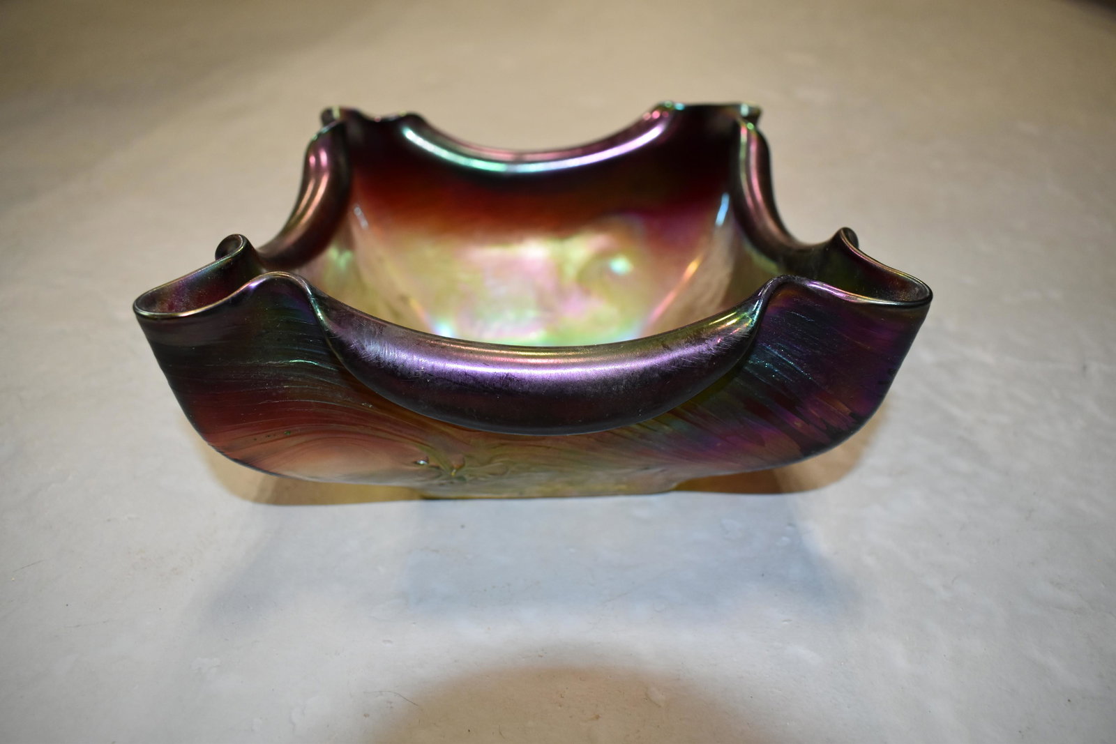 Square Loetz Glass Amberina Style Bowl UNUSUAL LOETZ: Square Loetz Glass Amberina Style Bowl UNUSUAL LOETZ ART GLASS SQUARE BOWL WITH PINCHED CORNERS WITH EMBOSSED ART NOUVEAU WAVES AND FLOWER DECORATION IN AMBERINA STYLE SHADES- POLISHED PONTIL BASE- 7"