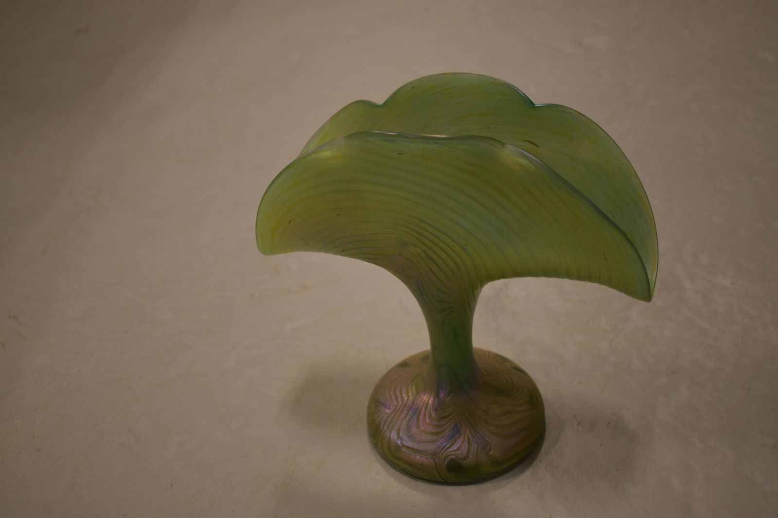 8" Green Loetz Glass Fan Vase GREEN IRIDESCENT FAN VASE: 8" Green Loetz Glass Fan Vase GREEN IRIDESCENT FAN VASE WITH PURPLE IRIDESCENT SWIRLS- POLISHED PONTIL- IMPERFECTION GREEN IRIDESCENT FAN VASE WITH PURPLE IRIDESCENT SWIRLS- POLISHED PONTIL- IMPERFECT