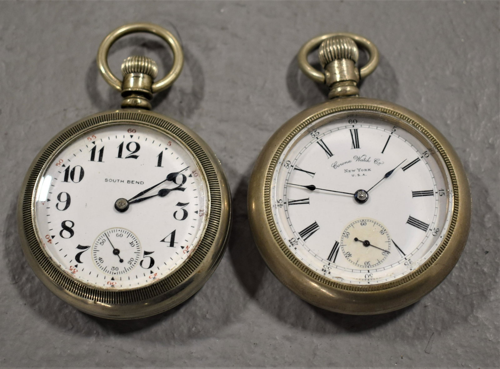 Lot (2) Open Face Pocket Watches: CORONA WATCH CO. NY AND SOUTH BEND 15 JEWEL - AS IS- IMPERFECTIONS