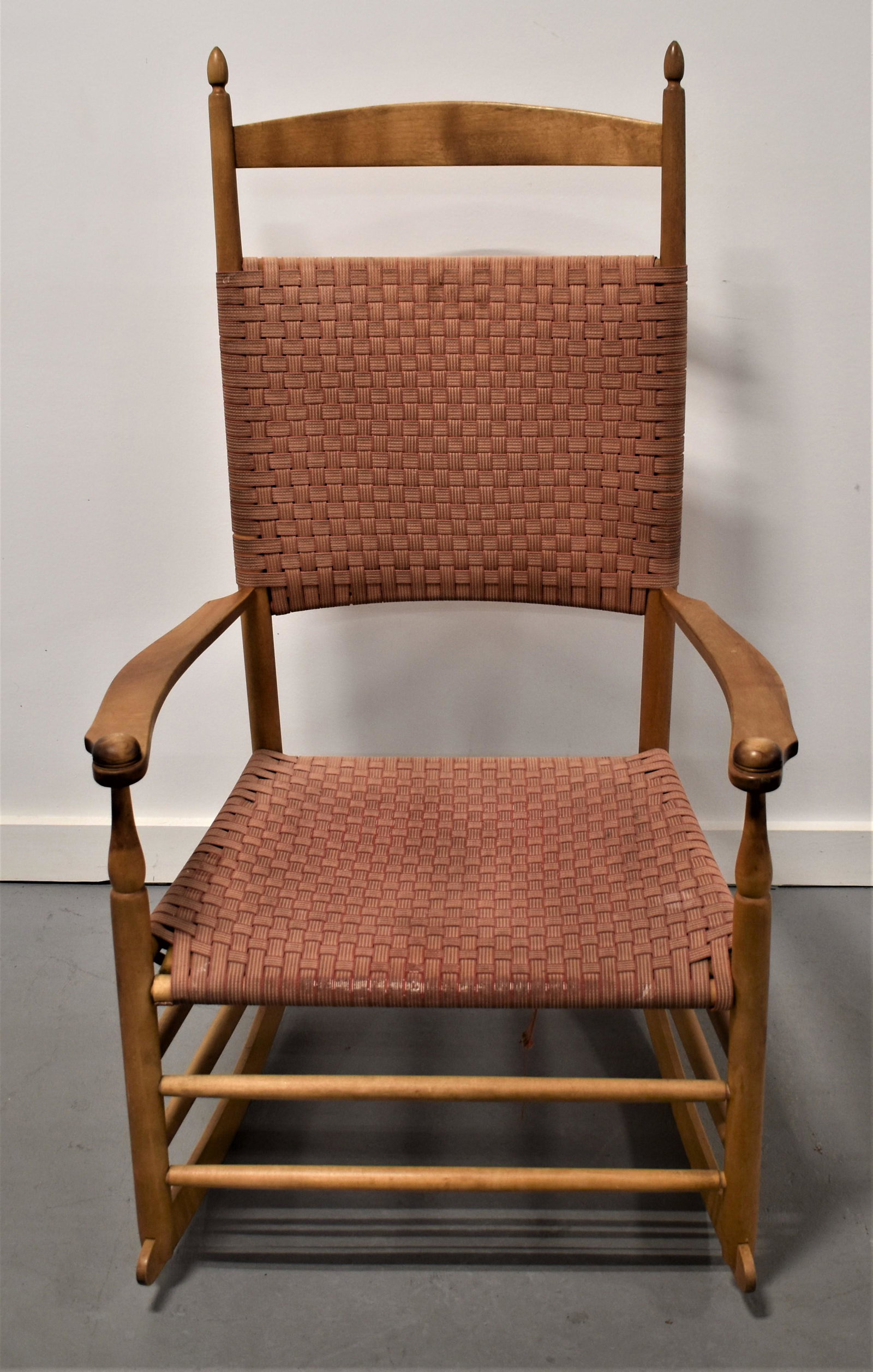 Shaker Work Shops Slat Back Rocker: SHAKER STYLE No. 7 SLAT BACK ROCKER WITH RED AND WHITE TAPPED SEAT AND BACK BRAND MARK SHAKER WORKSHOPS- WEAR, DIRTY AND IMPERFECTIONS