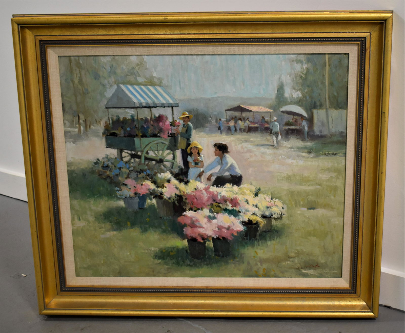 Harry Barton Oil Painting: OIL ON ARTIST BOARD OF LADY WITH YOUNG GIRL AT ROADSIDE FLOWER SELLER-SIGNED H. BARTON LOWER RIGHT- 19 3/4" X 23 3/4" SIGHT- FRAMED AND MATTED- IMPERFECTIONS