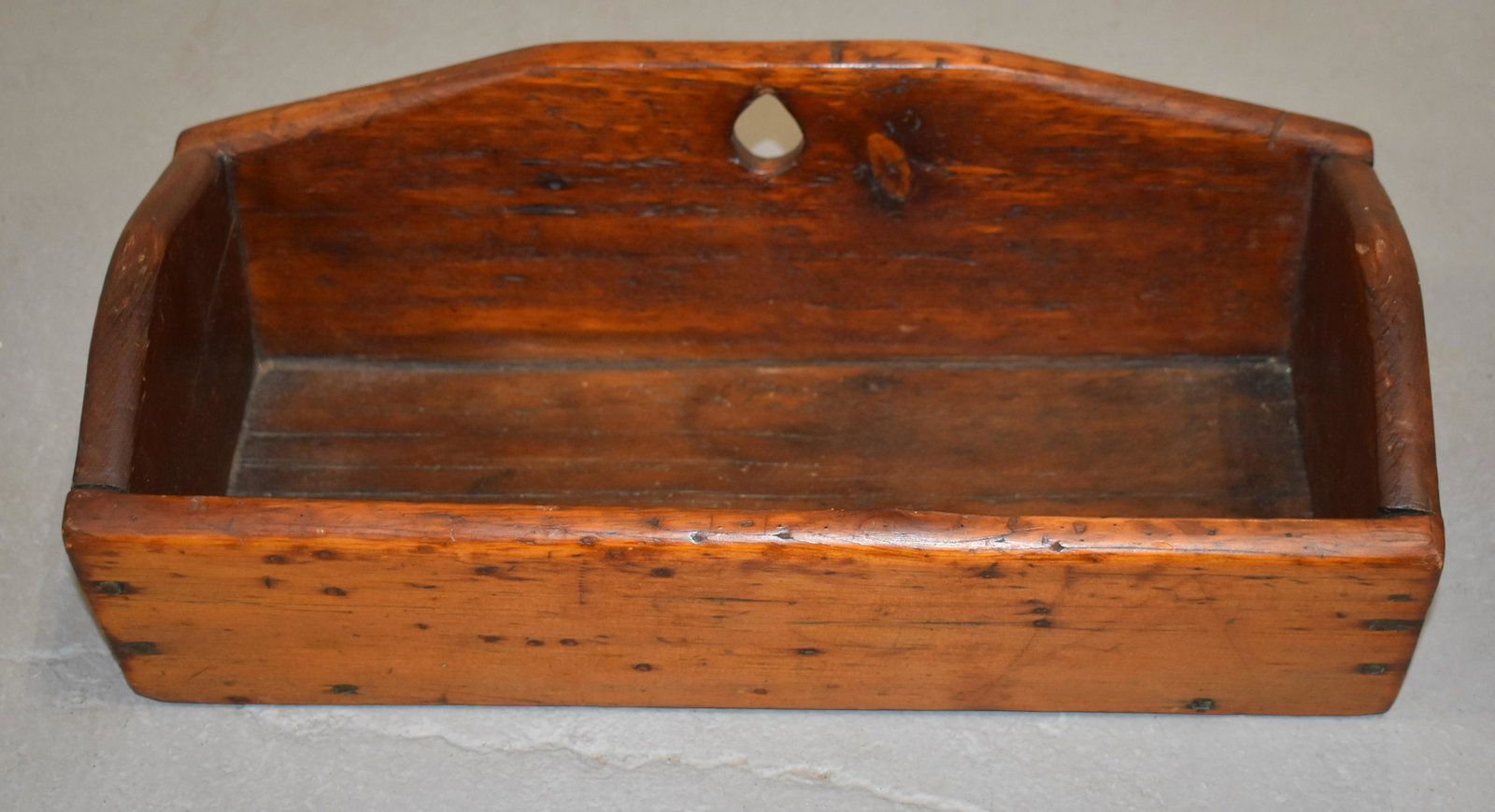 19th Century Pine Wall Box: 19TH CENTURY N.E PINE LONG WALL BOX WITH HOLE FOR HANGING IN NATURAL FINISH- 15" X 7 1/4"D X 4 1/2" T- WEAR AND IMPERFECTIONS