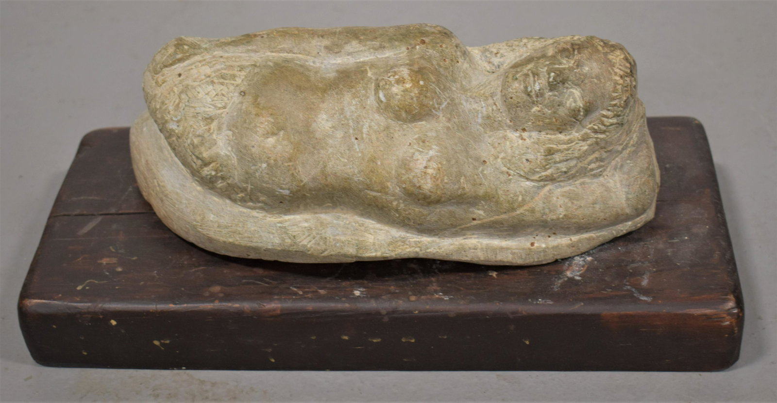 Fritz Rockwell Stone Sculpture: 10" CARVED STONE FIGURE OF RECLINING NUDE LADY (3/4 NUDE) SIGNED F.R ( FRITZ ROCKWELL) E. BOOTHBAY ME. ON PLINTH BASE- WEAR AND IMPERFECTIONS
