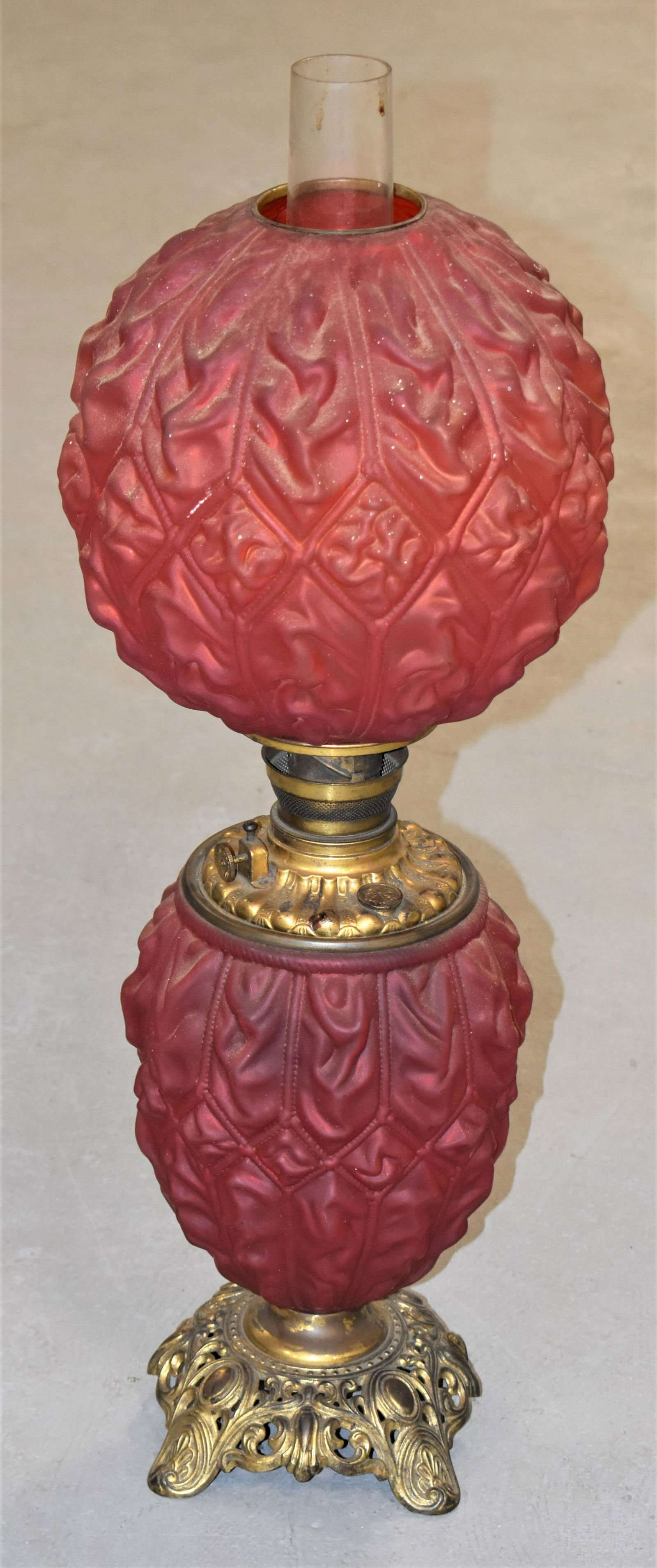 Red Satin Gone with the Wind Lamp: VICTORIAN RUFFLED DRAPE GONE WITH THE WIND OIL LAMP- INCLUDES BURNER AND CHIMNEY- 30" - WEAR