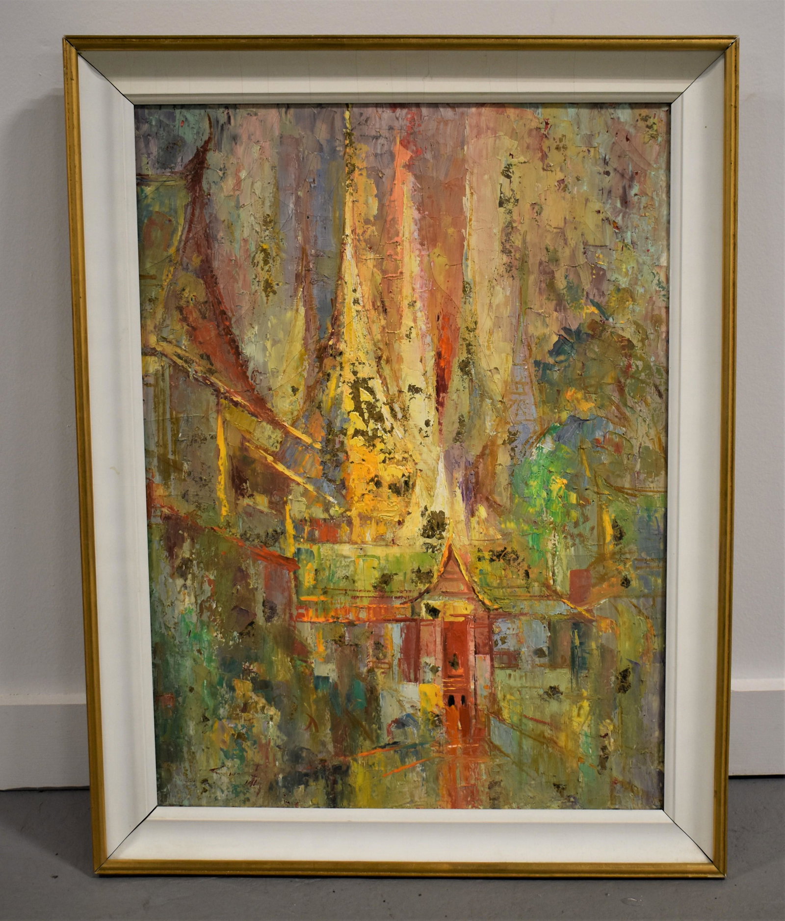 20th Century Impressionistic Oil Painting: 20TH CENTURY IMPRESSIONISTIC OIL PAINTING ON CANVAS OF STREET SCENE WITH GOLD FLECKS- UNSIGNED- IN A MOLDED WOODEN FRAME- 23 1/4" X 17" W SIGHT- WEAR AND IMPERFECTIONS