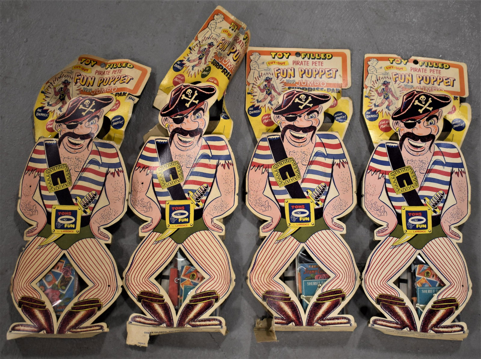 Lot (4) Vintage Toy Filled Pirate Pete Fun Puppets: TONS O FUN BY LAWRENCE CUT OUT PIRATE PETE PLUS JUMBO SURPRISE PACK- TEARS, DAMAGE, WEAR AND IMPERFECTION