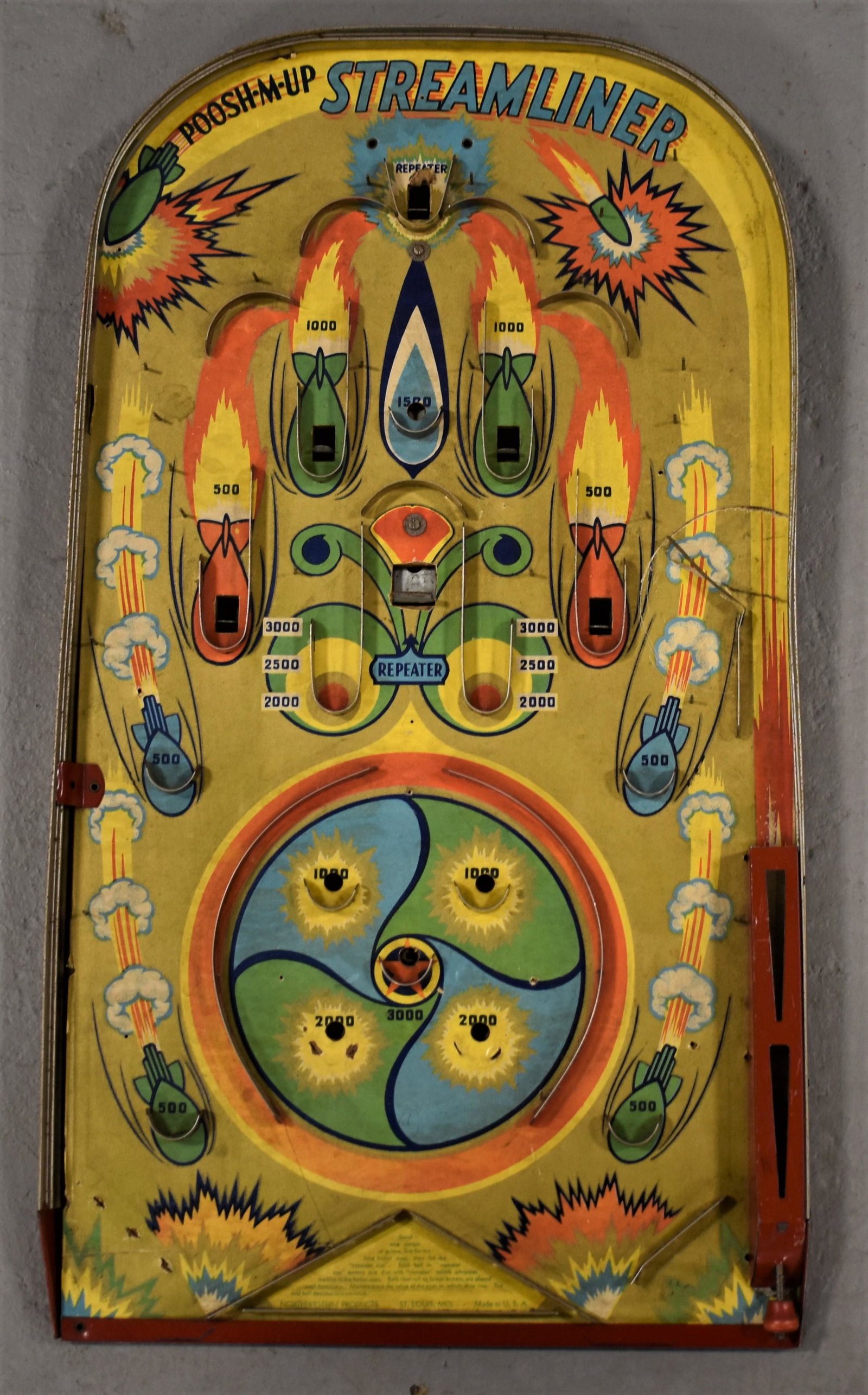 Vintage Poosh-M-Up Table Top Pin Ball Game: POOSH-M-UP STREAM LINER TABLE TOP PIN BALL GAME- NORTHWESTERN PRODUCTS ST. LOUIS M.O - 22 1/2" X 12 1/2"- MISSING BUMPER- WEAR AND IMPERFECTIONS