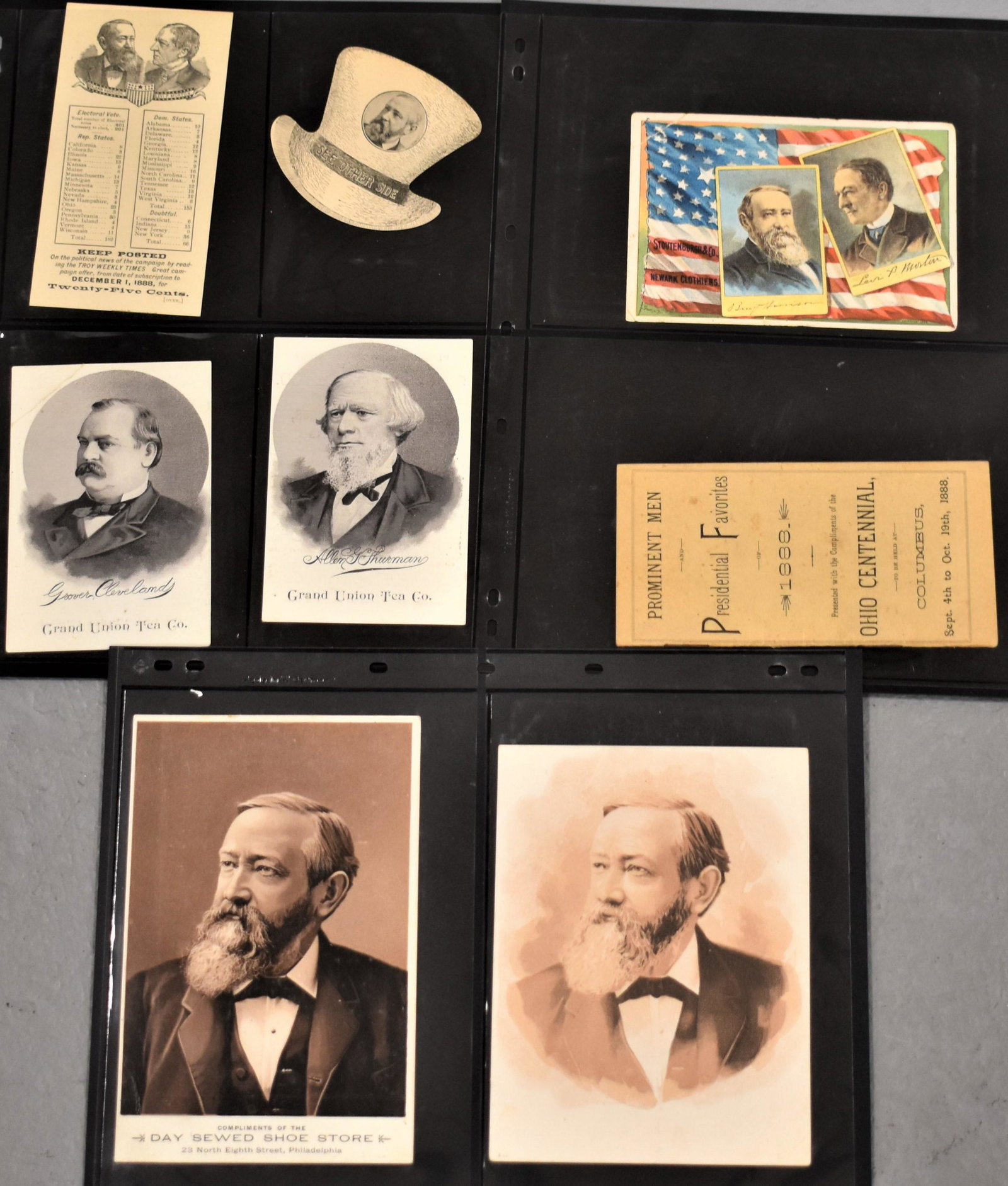 Lot of Presidential Ephemera: (17) TRADE CARDS- SMALL FORMAT BOOKLET, CIGAR BOX LABEL AND HARRISON/MORTON ETC. - IMPERFECTIONS