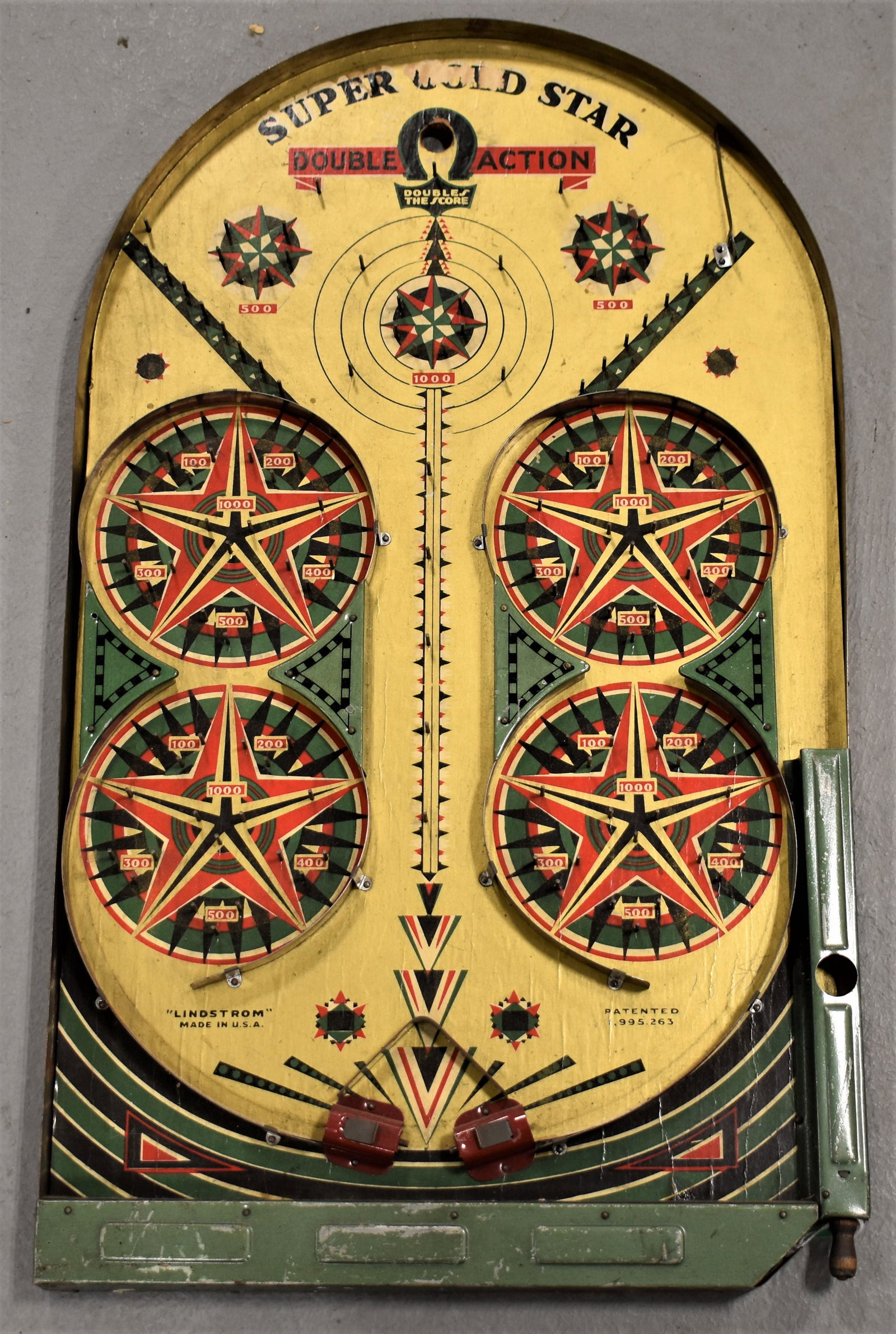 Super Gold Star Table Top Pin-Ball Game: LUNDSTROM SUPER GOLD STAR TABLE TOP PIN-BALL GAME- 24" X 14" - WEAR AND LOSSES TO LITHO-PAPER AND PAINT- IMPERFECTIONS