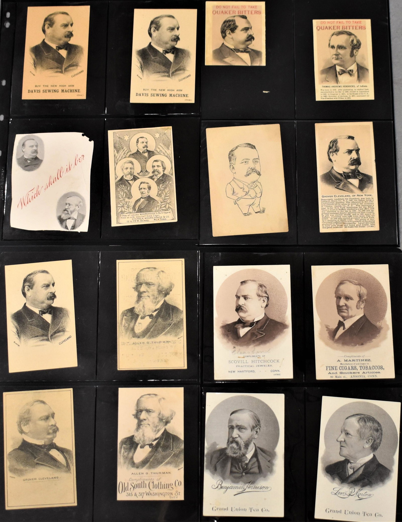 (32) Political Related Advertising Cards: (32) 19TH CENTURY ADVERTISING CARDS WITH FAMOUS AMERICAN POLITICIANS- DAVIS SEWING MACHINES, GOODWILL SOAP, E.F NOBLE, QUAKER BITTERS, ETC.- WITH CLEVELAND, HENDRICKS, HANSON, AND MARTON AND OTHERS- I
