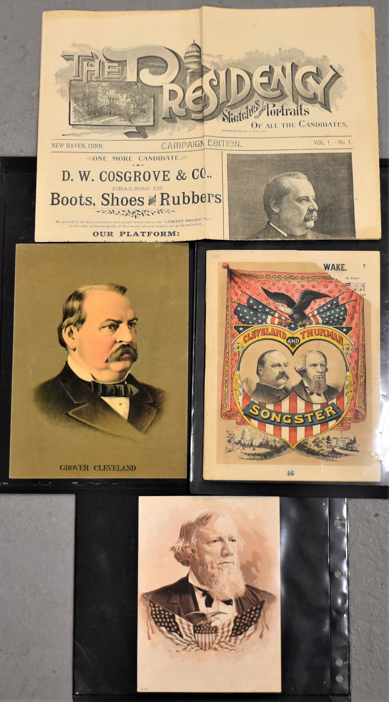 19th Century Political Related Ephemera: LOT (7) OF 19TH CENTURY POLITICAL RELATED EPHEMERA- GROVER CLEVELAND AND MR. CLEVELAND AND THURMAN- INCLUDES SONG BOOK, NEW PAPER, THE PRESIDENCY, ADVERTISING BOOKLETS, CARDS AND DIE CUT ADVERTISEMENT