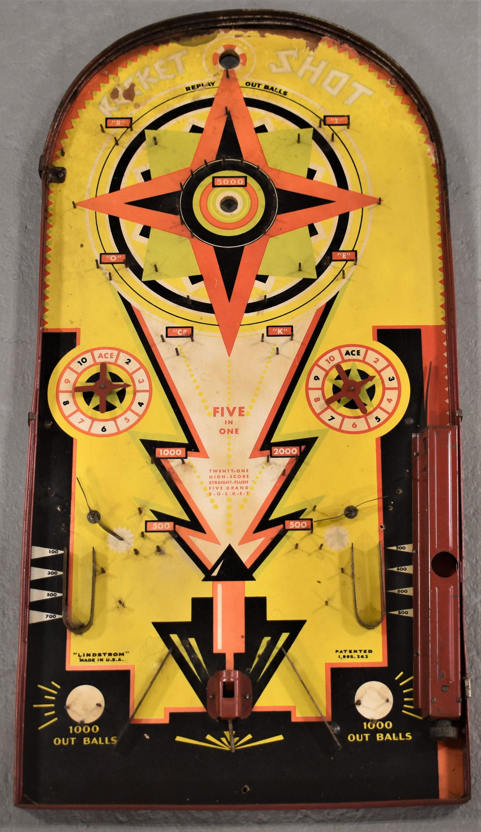 Vintage Rocket Shot Table Top Pin-Ball Game: VINTAGE LINDSTROM ROCKET SHOT TABLE TOP PIN-BALL GAME- 24" X 12"- WEAR AND LOSSES TO LITHO BACKGROUND, WEAR AND IMPERFECTIONS