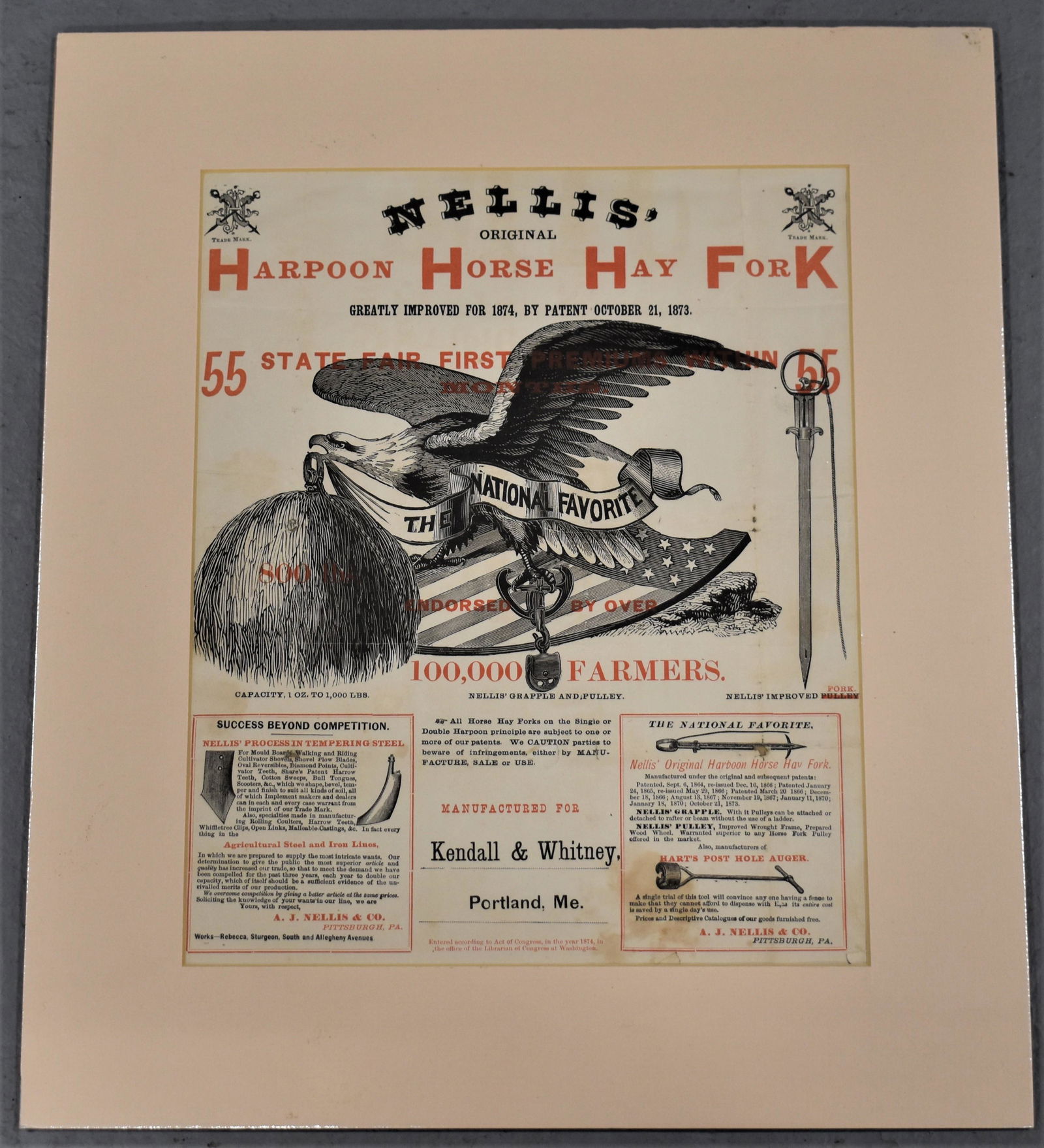 Nelli's Harpoon Horse Hay Fork Advertisement: 19TH CENTURY PAPER ADVERTISEMENT FOR NELLI'S ORIGINAL HARPOON HORSE HAY FORK 1874- SMALL TEARS, STAINS, CREASES AND IMPERFECTIONS