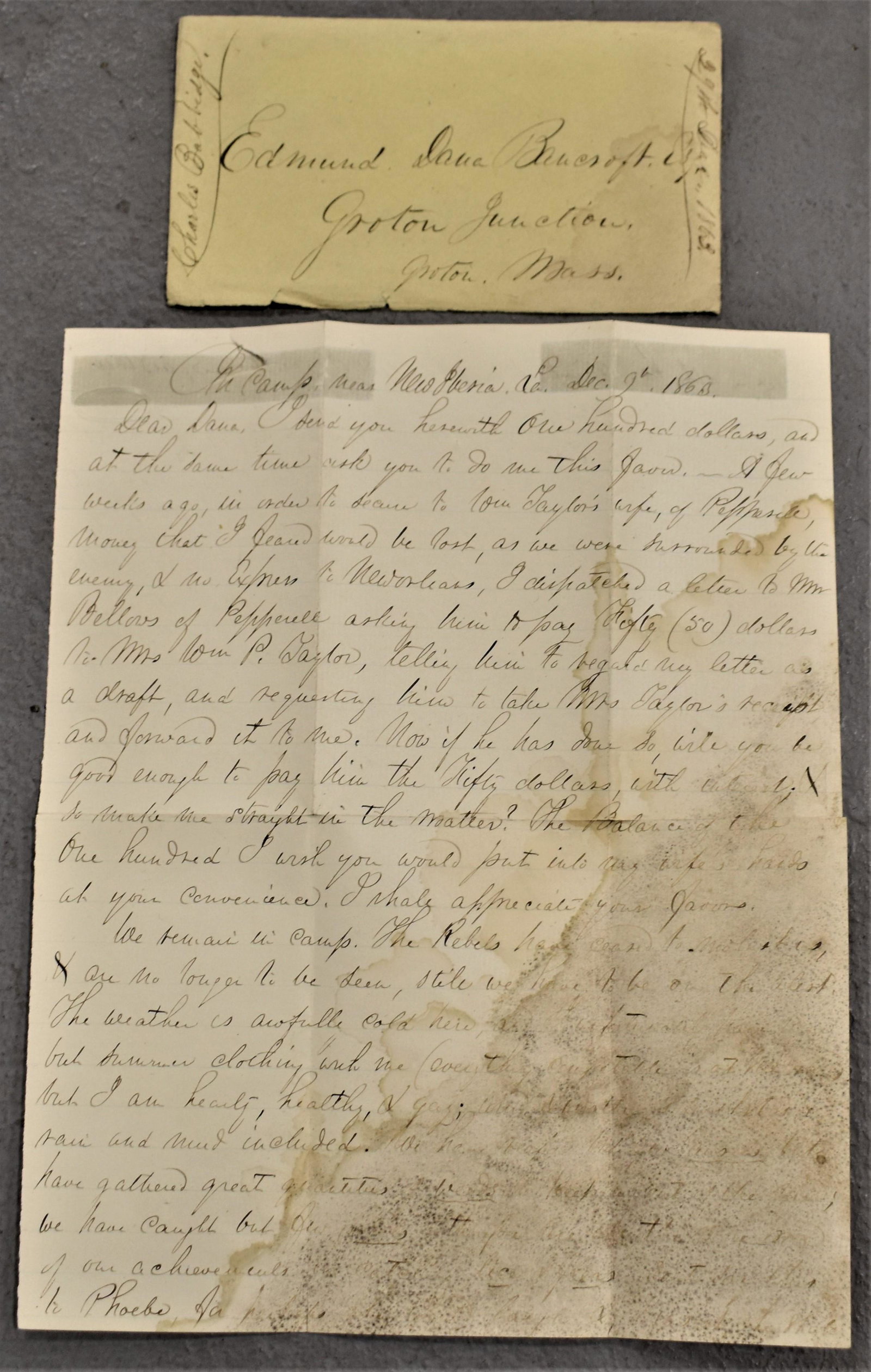 Chaplain Charles Babbidge Civil War Letter: CIVIL WAR LETTER AND ENVELOPE FROM CHAPLAIN CHARLES BABBIDGE 6TH MASS INFANTRY - BABBIDGE MADE THE INFAMOUS MARCH THROUGH BALTIMORE ON APRIL 19TH 1861 - LETTER DATED DECEMBER 1863, MAILED TO EDMUND DA