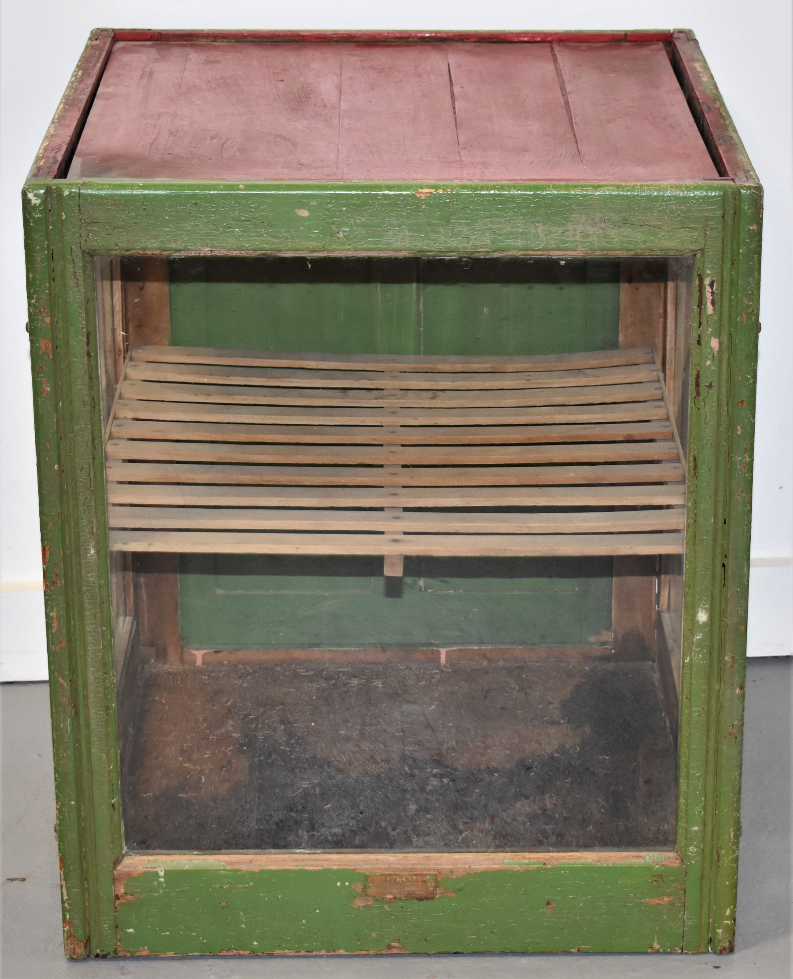 Painted Country Store Display Cabinet: LATE 19TH CENTURY - EARLY 20TH CENTURY PAINTED COUNTRY STORE DISPLAY CABINET - COUNTER TOP MODEL WITH WOODEN CASE AND THREE GLASS SIDES AND SINGLE PANELED DOOR IN BACK - METAL TAG, MIAMI MANUFACTURING