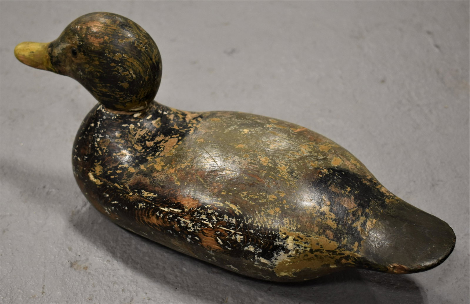 Carved and Painted Mallard Decoy: VINTAGE CARVED AND PAINTED MASON MALLARD DRAKE DECOY - GLASS EYES - 14" LONG - WEAR AND LOSSES TO PAINT AND IMPERFECTIONS