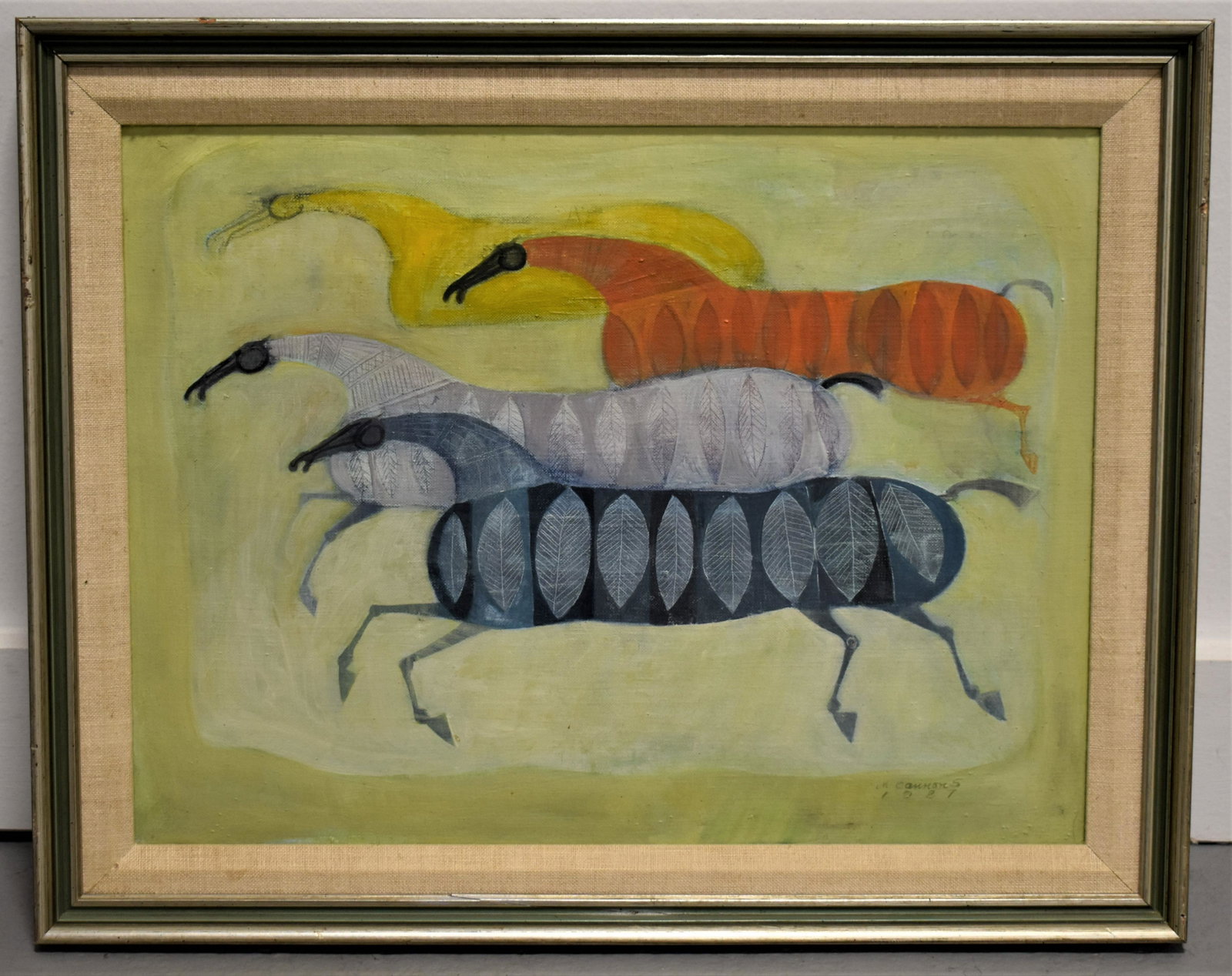 Oil Painting of Horses: 20TH CENTURY OIL PAINTING ON CANVAS OF 4 HORSES - SIGNED M. CAMMONS 1987 IN LOWER RIGHT - 11 1/2" X 15 1/2" SIGHT - SMALL PUNCTURE AND IMPERFECTIONS