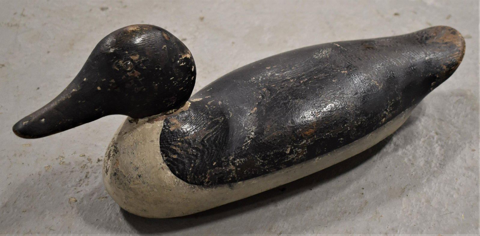 Carved & Painted Broadbill Decoy: VINTAGE MASON CARVED & PAINTED BROADBILL DECOY 15 1/2" LONG - WEAR AND LOSSES TO PAINT - NECK-HEAD LOOSE - LOSSES AND IMPERFECTIONS