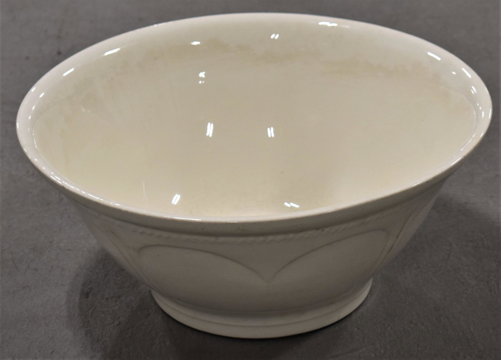 Large White Ironstone Mixing Bowl: 13 1/2" WHITE IRONSTONE MIXING BOWL - 13 1/2" DIAMETER X 5 3/4" TALL - STAINS, CRAZING IMPERFECTIONS
