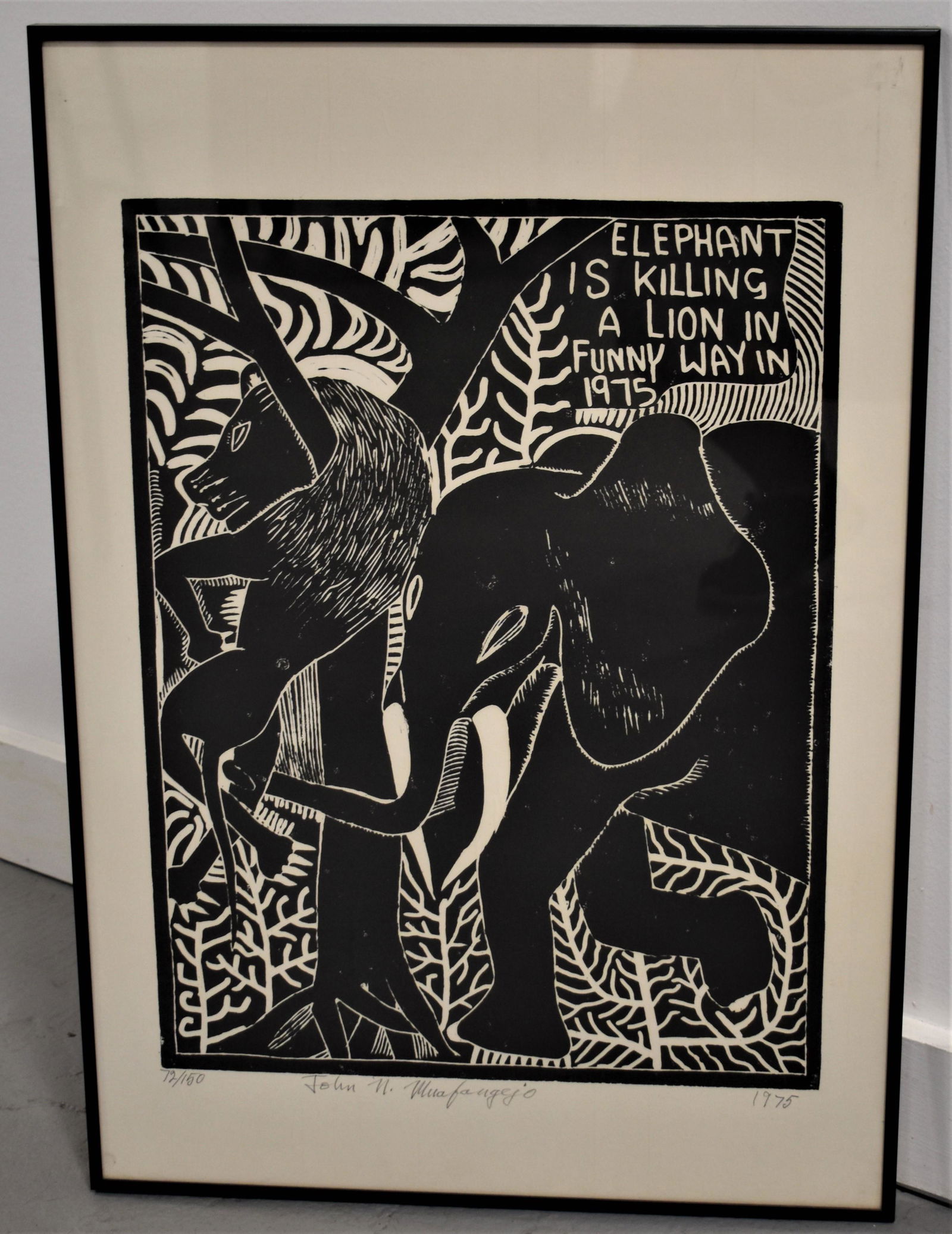 John Muafangejo Lino Cut Elephant Print 1975: 1975 LINOLEUM CUT PRINT TITLED "ELEPHANT IS KILLING A LION INA FUNNY WAY 1975 - LIMITED EDITION 72/150 SIGNED JOHN N. MUAFANGEJO 1975 IN PENCIL ACROSS BOTTOM - 23 " X 16" - IMPERFECTIONS