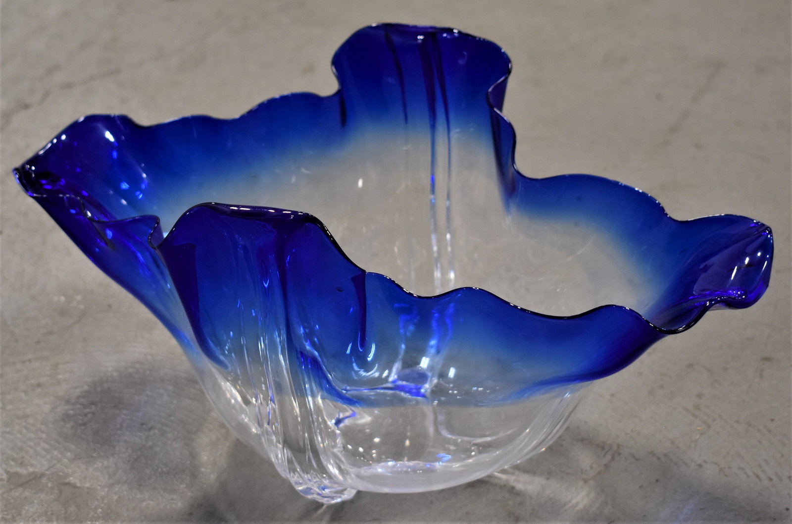 Steuben Grotesque Blue Lettuce Leaf Bowl: 12 1/4" STEUBEN GROTESQUE BLUE LETTUCE LEAF BOWL BY FREDERICK CARDER - 12 1/4" LONG X 6 1/2" WIDE X 6 1/4" TALL - ACID ETCHED STEUBEN MARK - WEAR, MINOR SCRATCHES AND IMPERFECTIONS